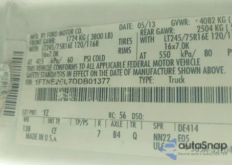 2013 Ford E-250 Commercial из США, поврежденный, VIN 1FTNE2EL7DDB01377